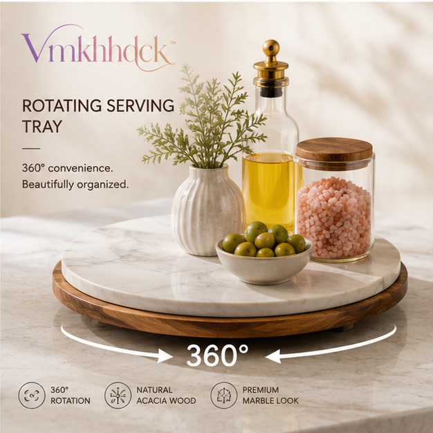 Vmkhhdck™ Rotating Marble & Acacia Wood Serving Tray for Kitchen & Dining Decor