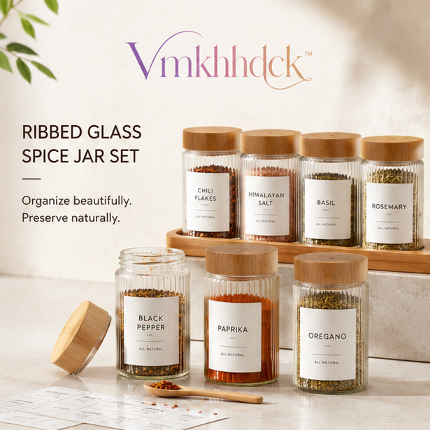 Vmkhhdck™ Luxury Ribbed Glass Spice Jar Set with Bamboo Lids & Minimalist Label Pack