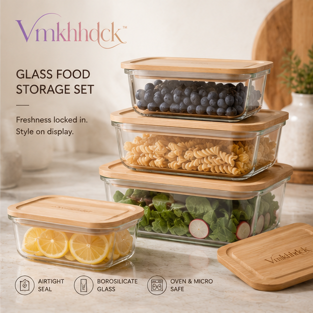 Vmkhhdck™ Glass Food Storage Container Set with Airtight Bamboo Lids