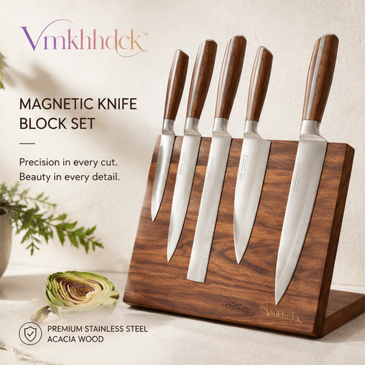 Vmkhhdck™ Acacia Wood Magnetic Knife Block & Stainless Steel Chef Knife Collection
