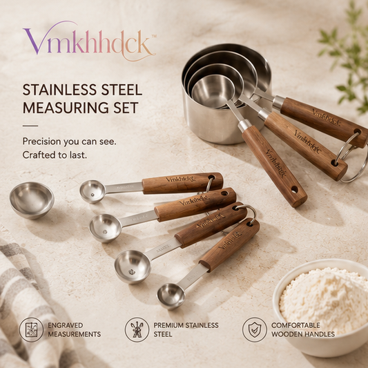 Vmkhhdck™ Stainless Steel Measuring Cups & Spoons Set with Walnut Handles